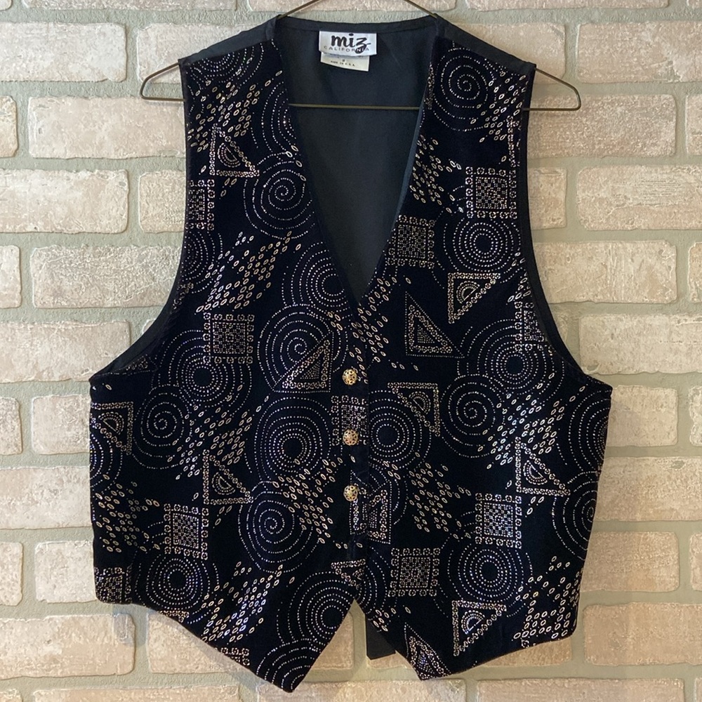 Vintage Miz California Black Velvet Glitter Foil Geometric Pattern Vest